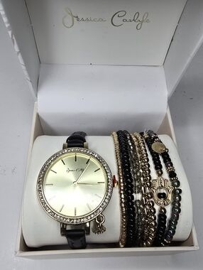 Jessica Carlyle Black Faux Leather Strap Watch 34mm Beaded Bracelets Gift Set